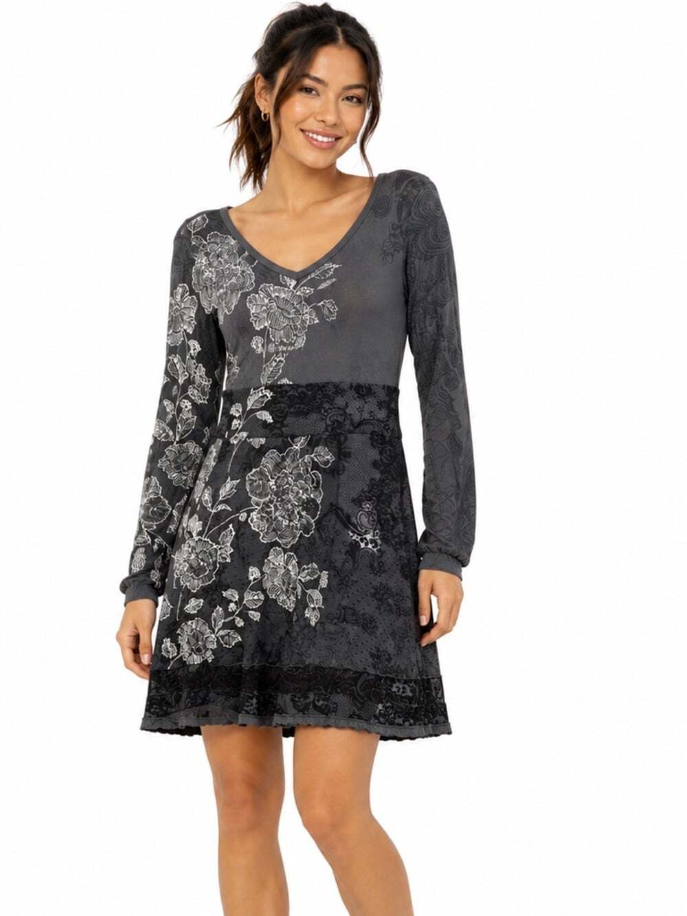 Desigual Celine Floral Lace Print Dress Grey Long Sleeve Boho Medium Casual